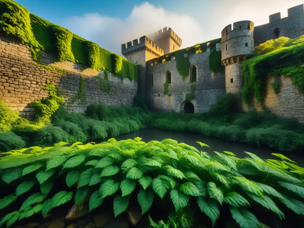 Fortaleza histórica invadida por plantas: contraste y amenaza Vegetación invasora abraza fortificaciones antiguas, simbolizando el cambio climático