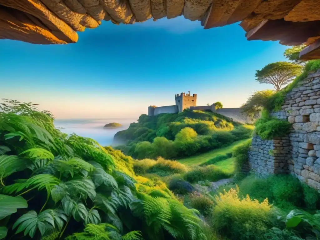 Fortaleza histórica invadida: lucha entre naturaleza y estructuras Vegetación invasora abraza fortificaciones antiguas, simbolizando cambio climático
