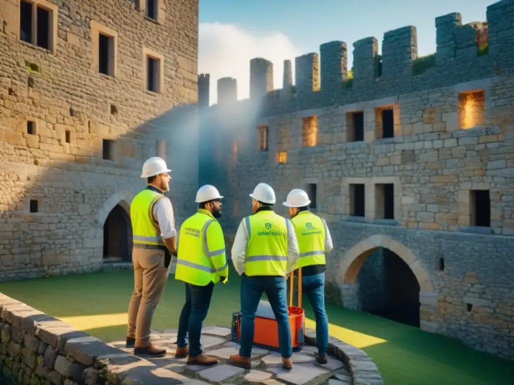 Restauración de castillo histórico: detalle y emoción Inversión en castillos históricos: Restauración detallada de un castillo antiguo con trabajadores, arquitectos e historiadores