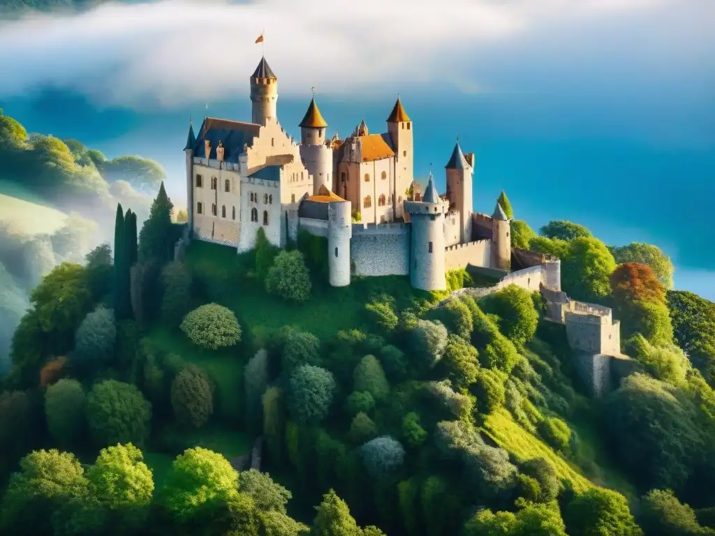 Castillo medieval: majestuosidad en la naturaleza Inversión en castillos históricos: Majestuoso castillo medieval rodeado de exuberante vegetación, bajo un cielo azul claro