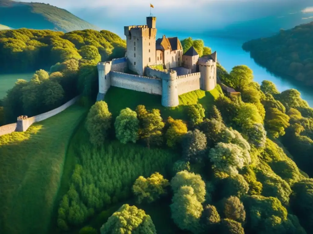 Castillo medieval: majestuosidad en la naturaleza Inversión en castillos históricos: majestuoso castillo medieval en colina verde, rodeado de bosque vibrante bajo cielo azul