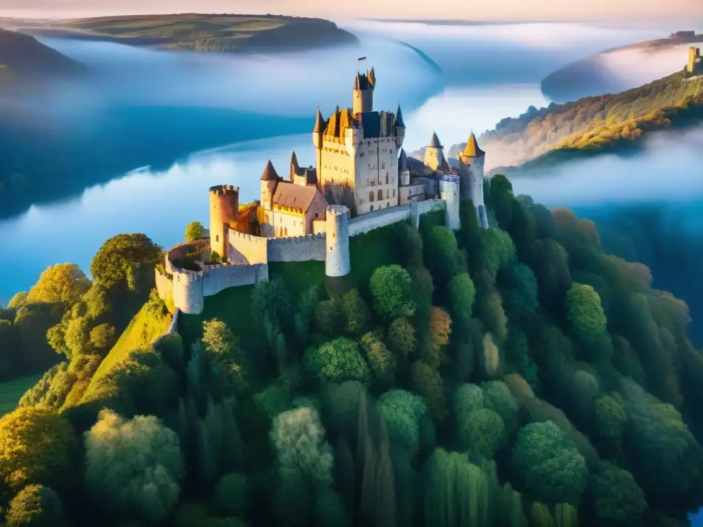 Castillo medieval en acantilado: historia y misterio Inversión en castillos históricos: Castillo medieval en acantilado rodeado de bosques verdes y río