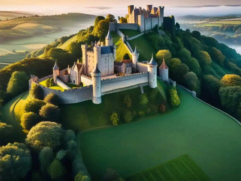 Castillo medieval: majestuosidad dorada al atardecer Inversión en castillos históricos: Vista aérea de un majestuoso castillo medieval en una colina verde, iluminado por la luz dorada del atardecer