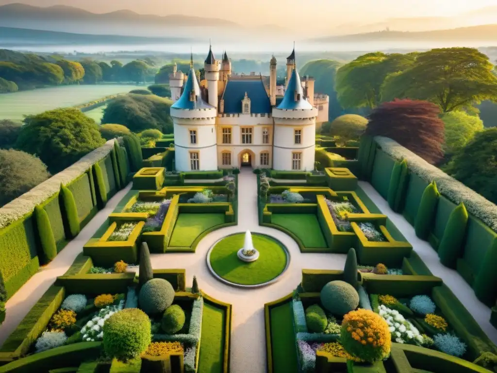 Castillo majestuoso: jardines encantados al atardecer Jardines de castillos majestuosos: Un castillo grandioso rodeado de jardines exquisitos al atardecer
