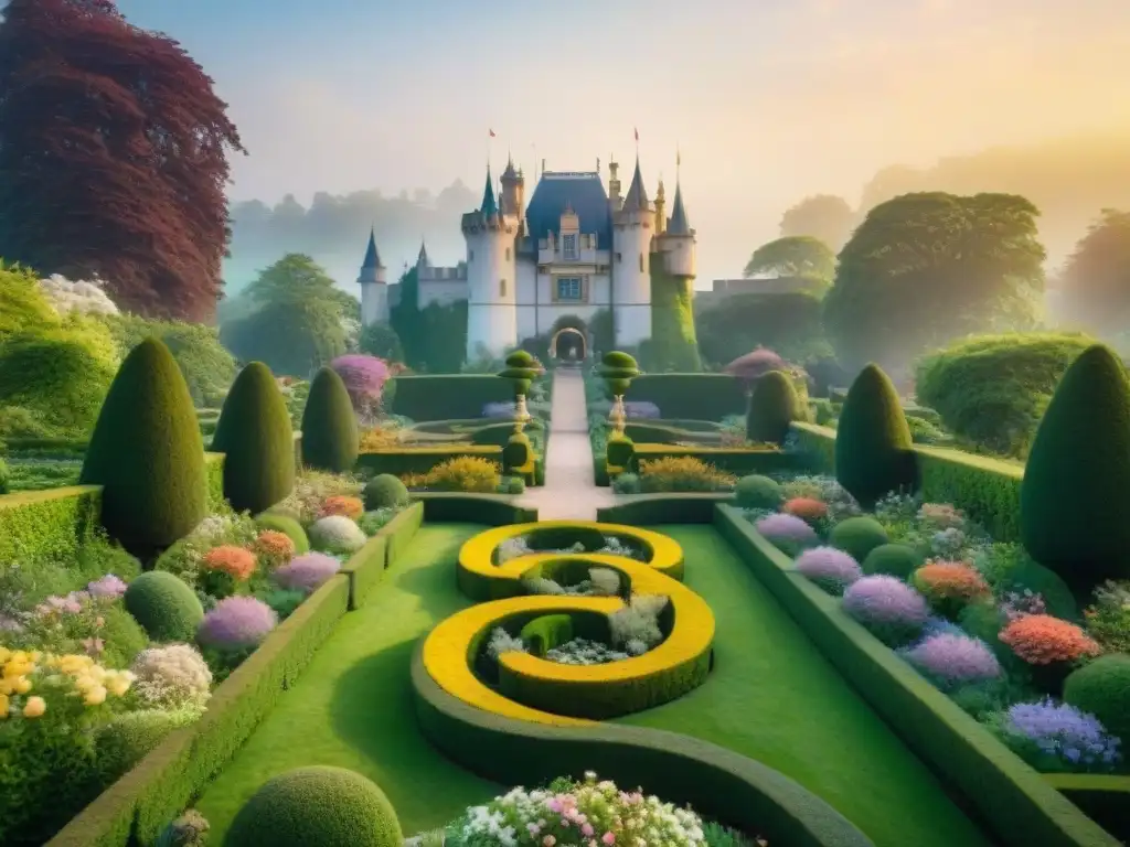 Jardín de castillo majestuoso en 8k Jardines de castillos majestuosos: un jardín encantado con flores vibrantes, setos en formas de animales y un castillo al fondo