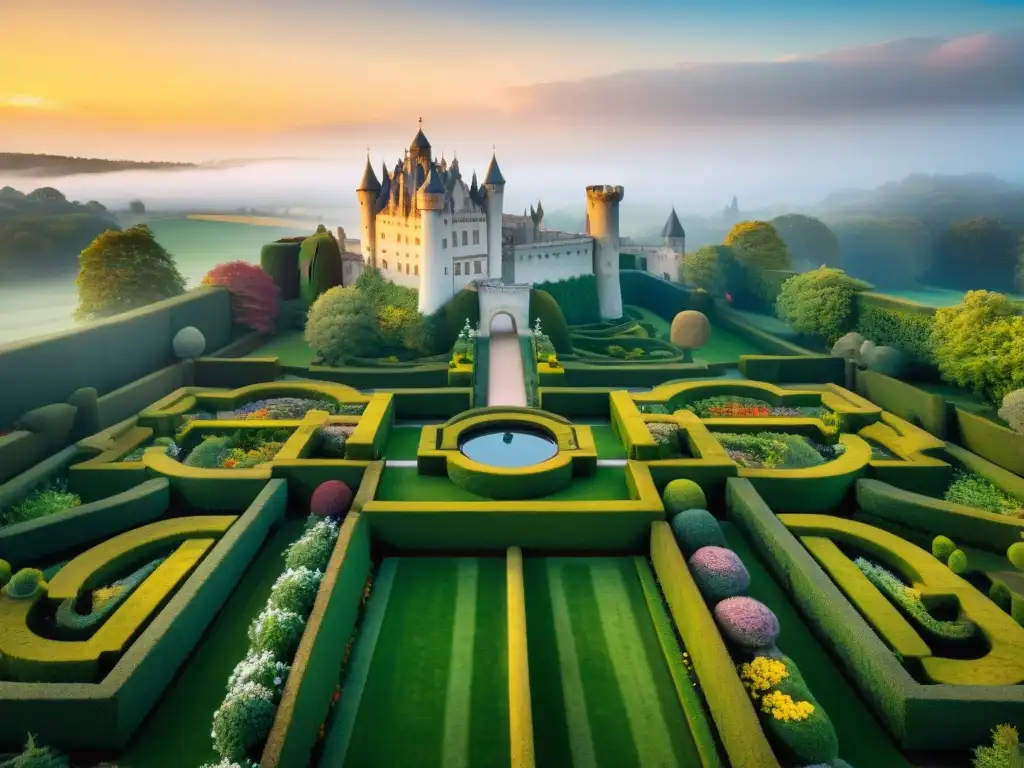 Jardín encantado del castillo: laberintos y criaturas mágicas al atardecer Jardines de castillos majestuosos: laberintos de setos, flores coloridas y topiarios mágicos al atardecer