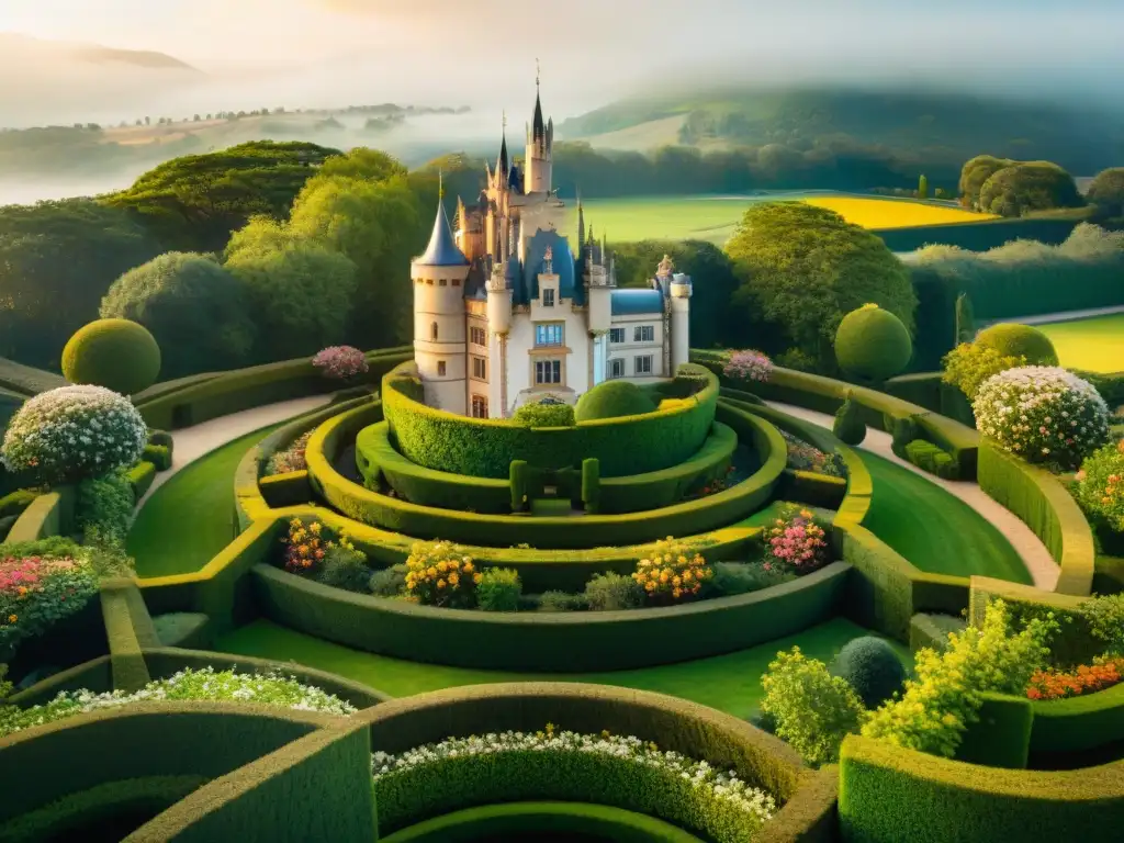 Castillo majestuoso entre jardines exquisitos Jardines de castillos majestuosos: vista aérea de un castillo impresionante rodeado de exuberantes jardines y detalles ornamentales