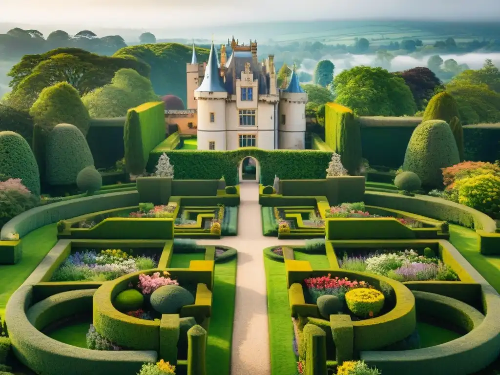 Jardines majestuosos del castillo: historia y belleza en armonía Jardines de castillos majestuosos: Vista aérea de jardines simétricos, flores vibrantes, setos recortados y estatuas antiguas en un castillo histórico