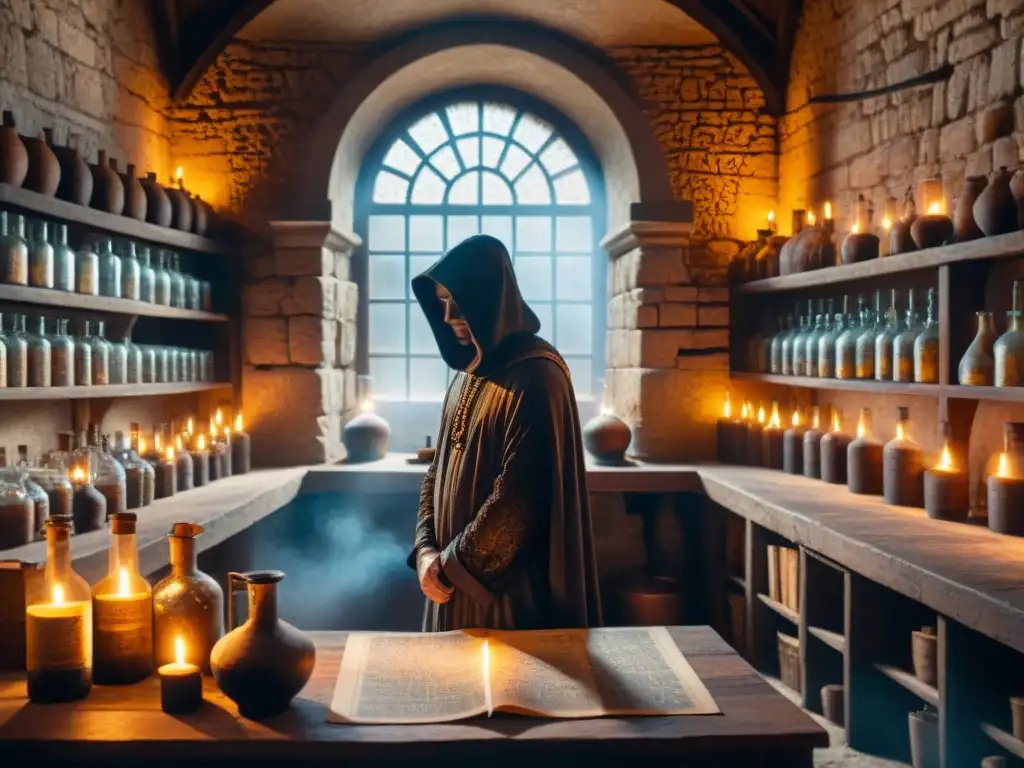 Antiguo laboratorio de alquimia en castillo misterioso Un laboratorio de alquimia antiguo y misterioso en un castillo, lleno de botellas y símbolos