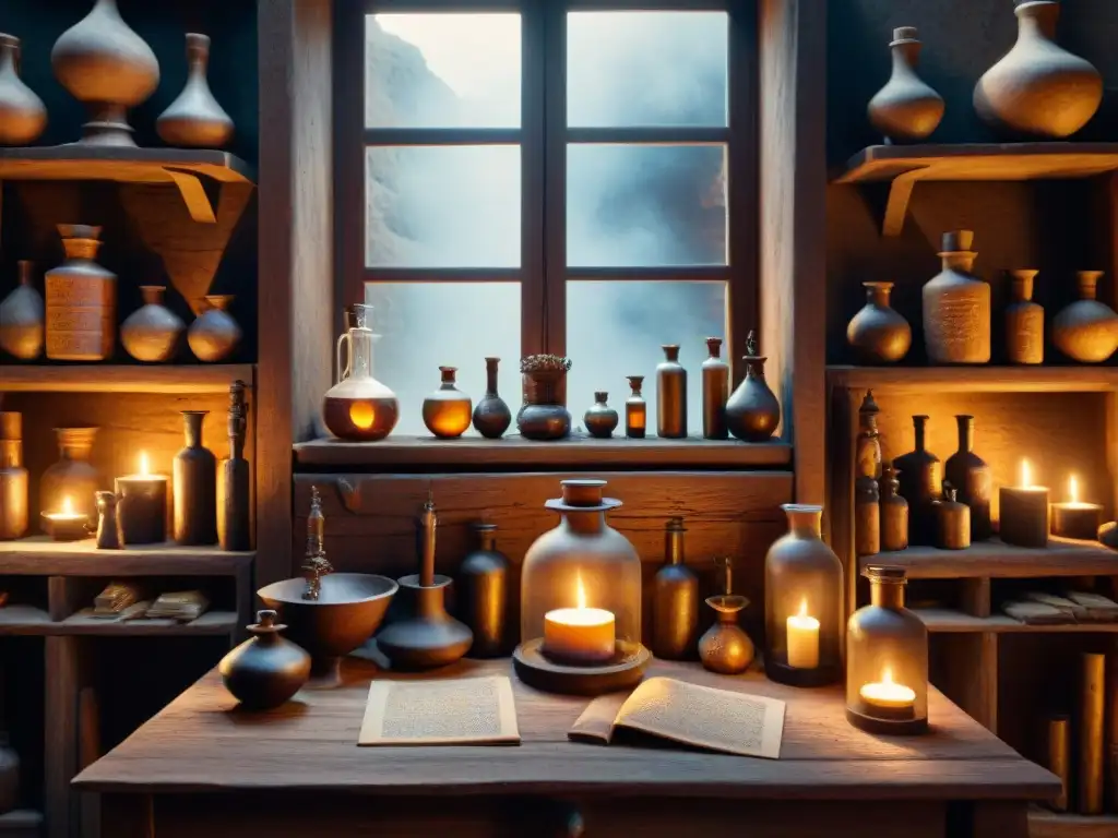 Misterioso laboratorio del alquimista con pociones y símbolos antiguos Un laboratorio de alquimia antiguo con símbolos místicos y pociones burbujeantes en un ambiente de misterio