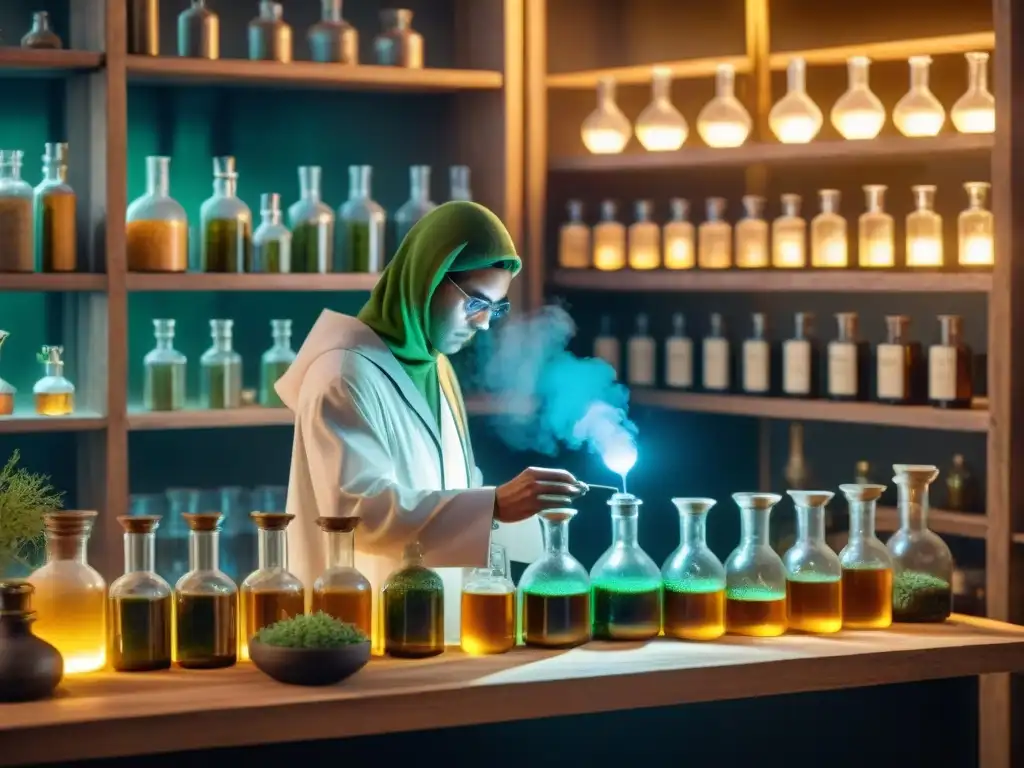 Alquimia en laboratorio subterráneo: misterios por descubrir Un laboratorio de alquimia subterráneo lleno de misteriosos ingredientes, iluminado por una luz titilante