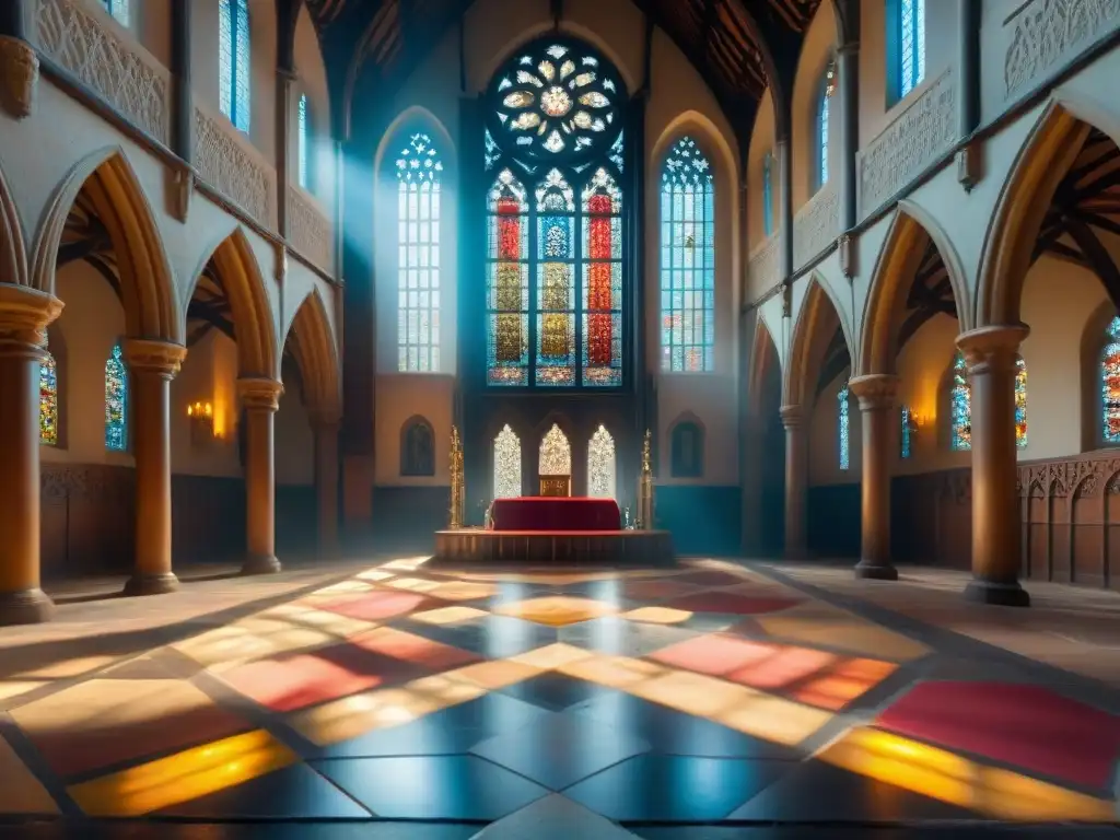 Ventanales medievales: luz celestial en capilla gótica La luz del sol atraviesa los vitrales de la capilla medieval en castillo, creando un caleidoscopio de colores en el suelo de piedra