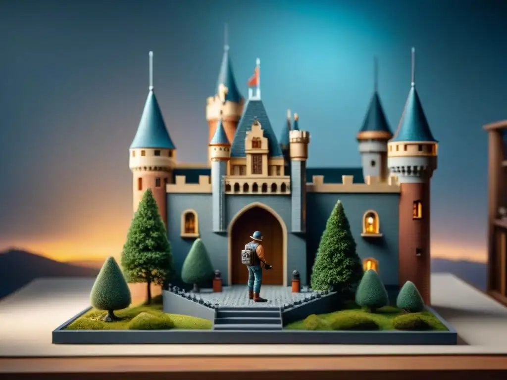 Arte en miniatura: Constructor de castillos detallados Un maestro modelista construyendo un castillo en miniatura con detalles minuciosos