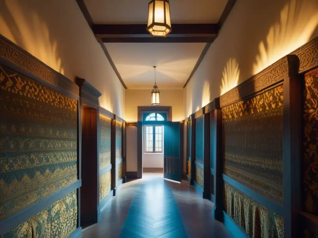 Magia de la iluminación en castillos históricos: rayos de sol resaltan la arquitectura antigua y objetos de otra época en un corredor centenario