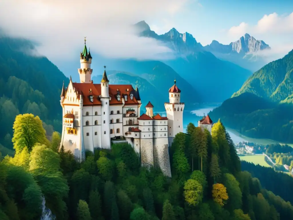 Un mágico castillo en los Alpes Bávaros, bañado por la luz dorada del sol