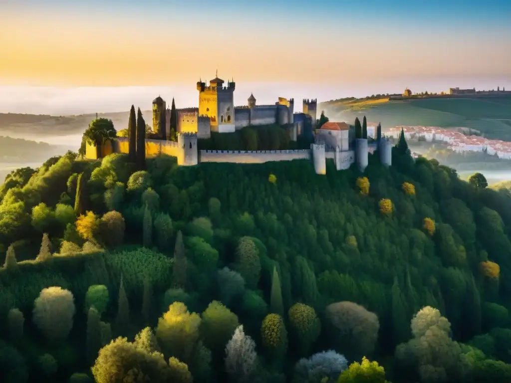 Castillo de Tomar: detalles y torres bajo la luz dorada del atardecer Magnífico castillo templario en Tomar, Portugal, con intrincadas esculturas de piedra y torres imponentes, iluminado por el cálido sol poniente