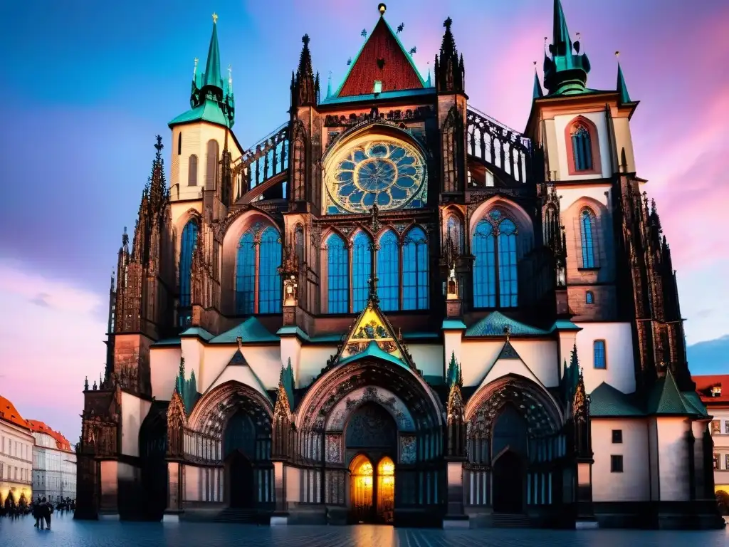 Esplendor gótico: Catedral de San Vito al atardecer en el Castillo de Praga La majestuosa arquitectura gótica del Castillo de Praga iluminada por el atardecer, mostrando su historia y belleza