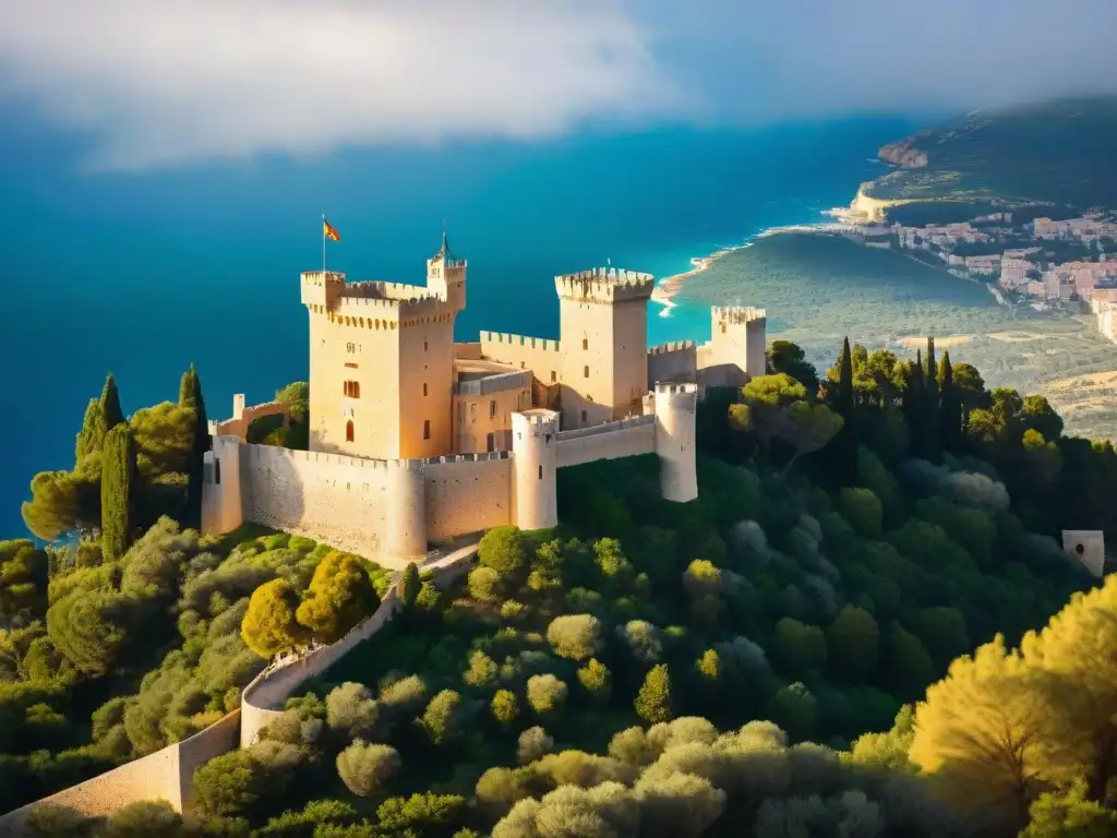 Majestuosidad gótica: Castillo de Bellver en Mallorca La majestuosa arquitectura gótica del Castillo de Bellver en Mallorca, resaltando su presencia imponente en la colina verde
