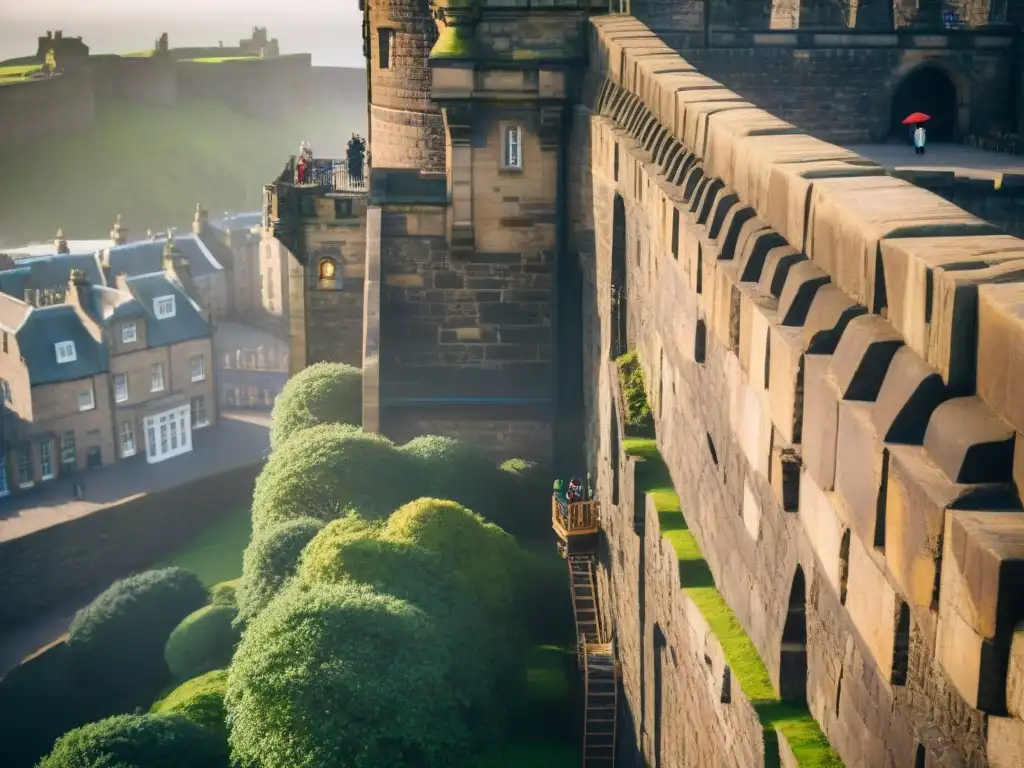 Restauración detallada del Castillo de Edimburgo bajo el sol escocés Restauración majestuosa Castillo Edimburgo: artesanos reparan antiguas piedras bajo el sol escocés en contraste con secciones restauradas