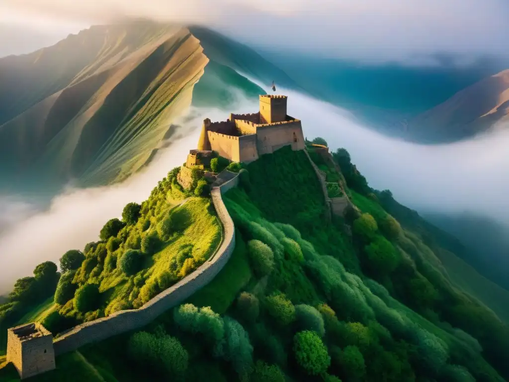 Fortaleza de Alamut: misterio y esplendor al amanecer Majestuosa fortaleza de Alamut en Medio Oriente, envuelta en niebla mística al amanecer