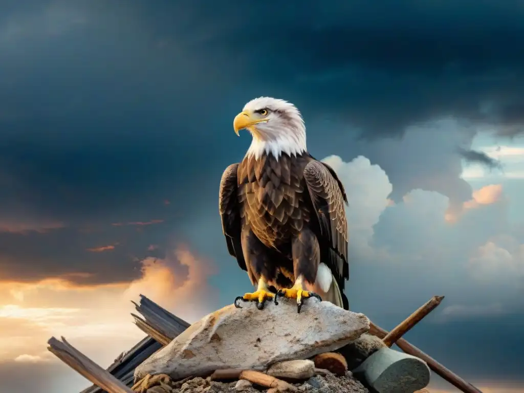 Águila majestuosa en monumento de batalla bajo tormenta Un águila calva majestuosa en un monumento de guerra con bandera desgarrada, bajo un cielo tormentoso