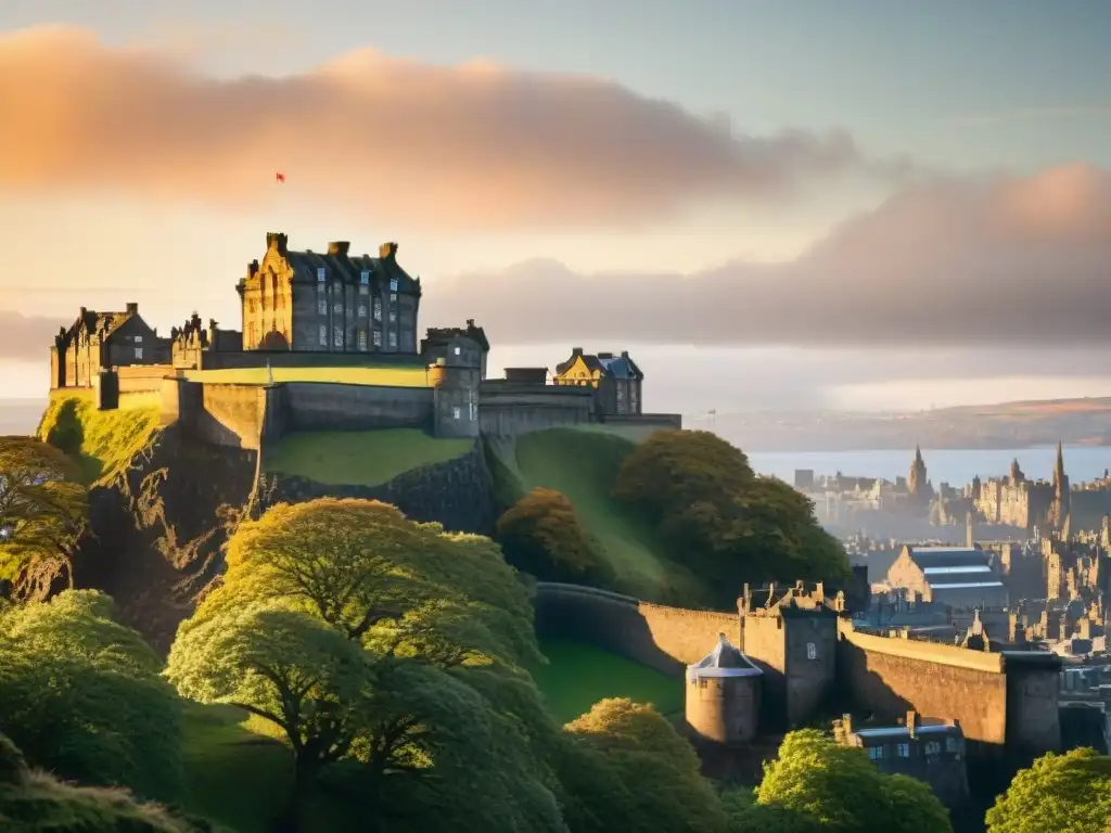Castillo de Edimburgo al atardecer: historia y majestuosidad La majestuosa silueta del Castillo de Edimburgo al atardecer, bañada en tonos dorados, atrapa siglos de historia y herencia escocesa