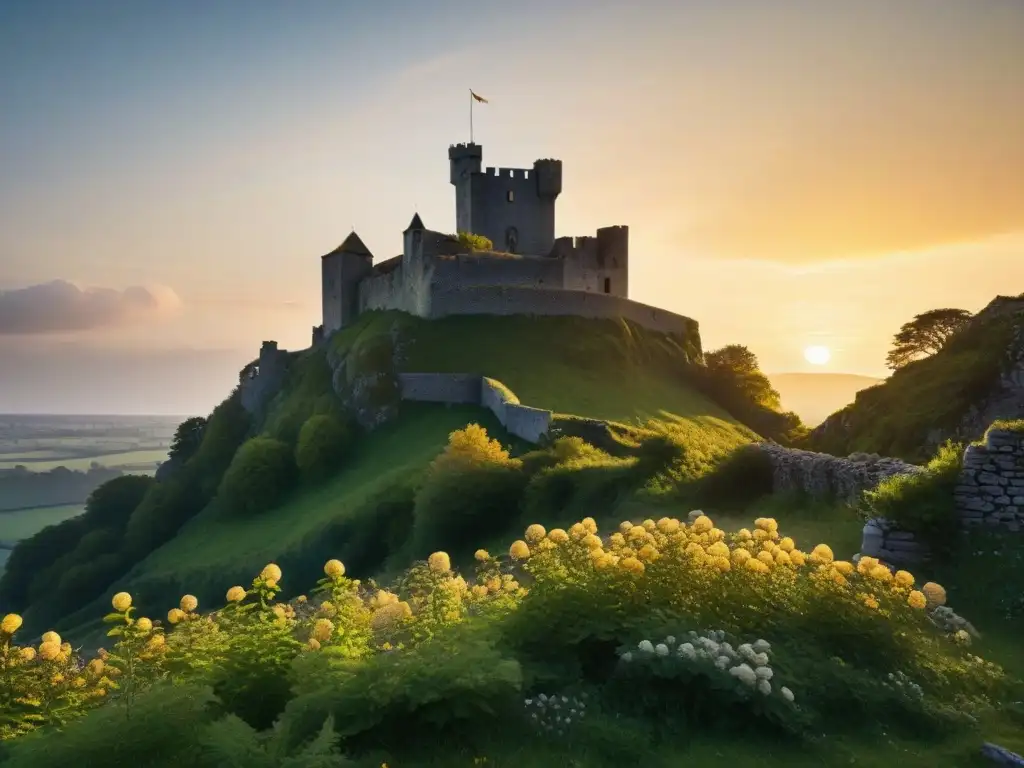La majestuosa silueta de un castillo medieval en ruinas, invadido por la exuberante naturaleza al atardecer
