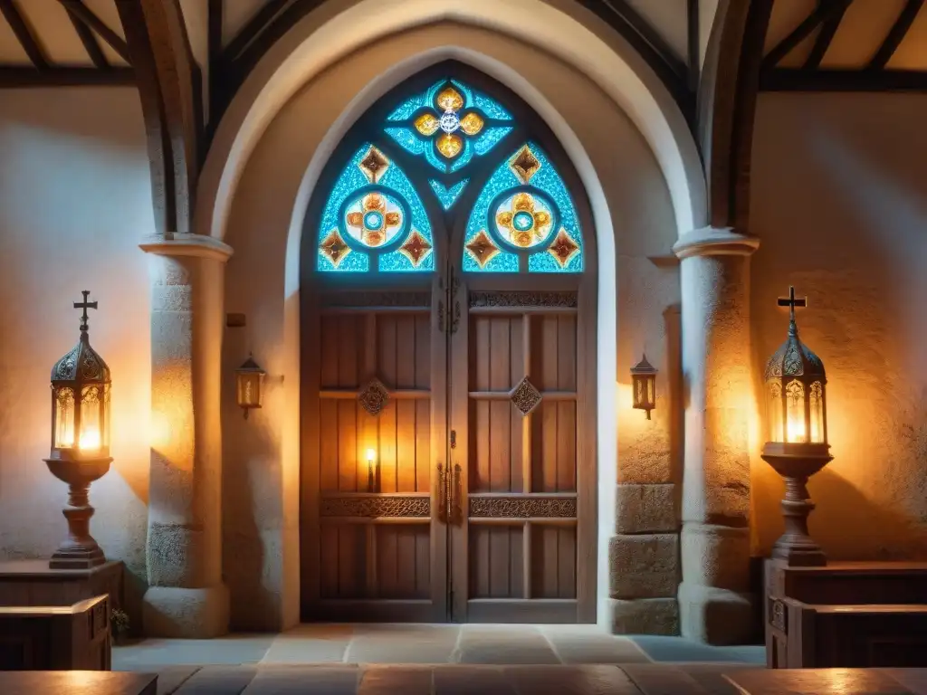 Capilla medieval: puertas talladas, antorchas y misterio Majestuosas puertas de capilla en castillo medieval con símbolos religiosos iluminados por antorchas, creando un ambiente místico