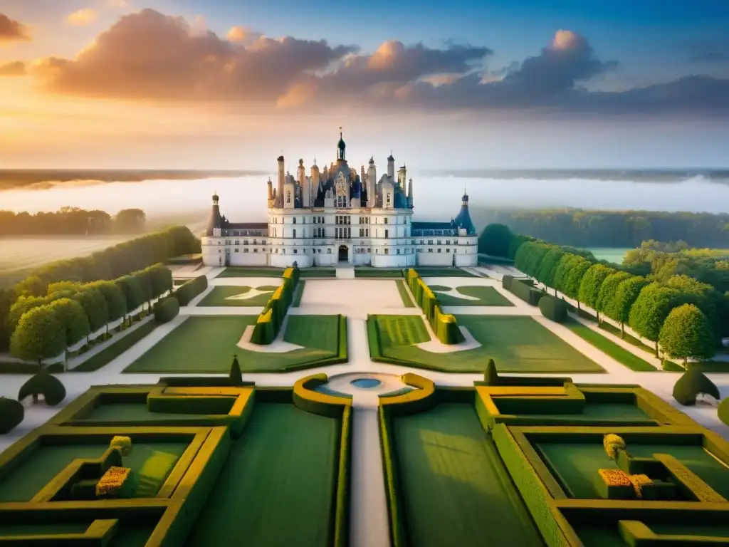 Château de Chambord: majestuosa arquitectura renacentista y jardines La majestuosidad del Château de Chambord al atardecer, reflejando la grandeza real en el Valle del Loira