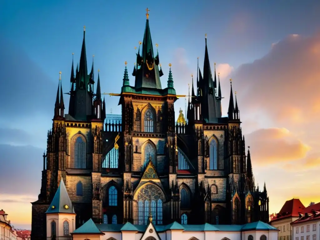 Esplendor gótico del Castillo de Praga al atardecer La majestuosidad del Castillo de Praga y la Catedral de San Vito iluminados por el sol poniente