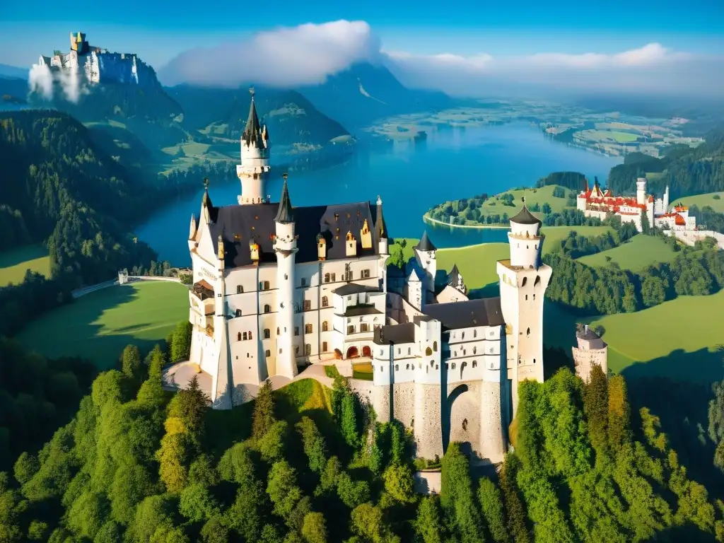 Castillo de Neuschwanstein: majestuosidad en la cima Explora la majestuosidad del Castillo Neuschwanstein en un entorno natural exuberante