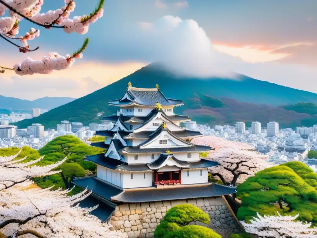 Detalles majestuosos del Castillo de Himeji en Japón La majestuosidad del castillo de Himeji en Japón, con sus blancas paredes y torres, rodeado de árboles de cerezo en flor