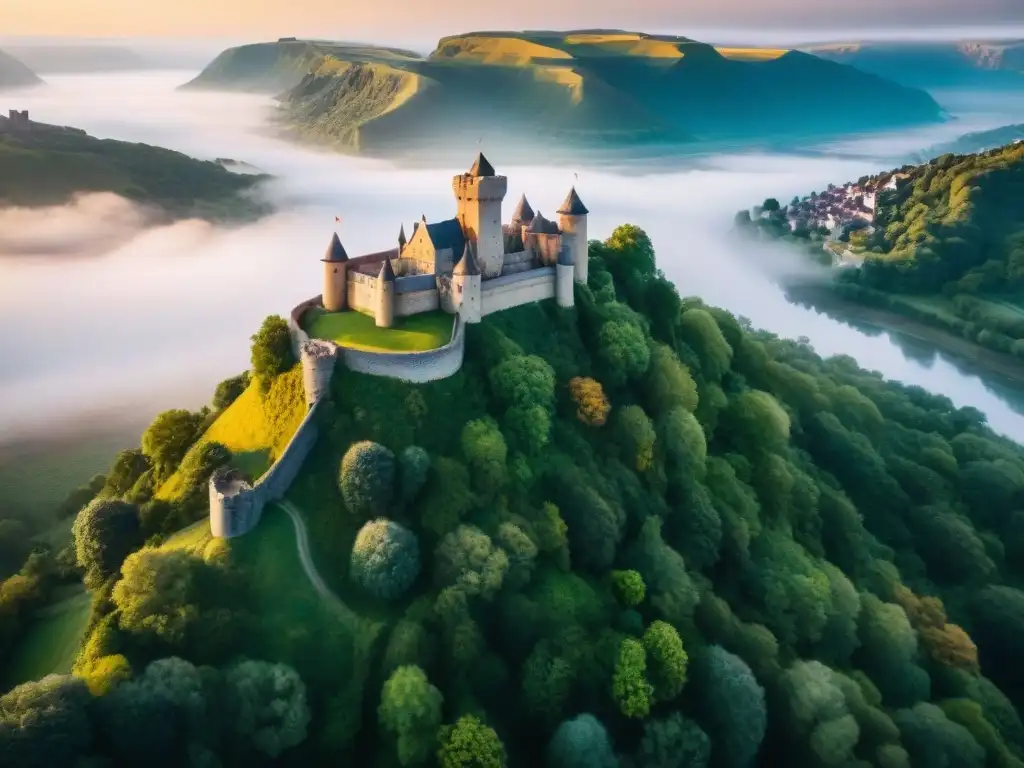 Castillo ancestral en acantilado: majestuosidad medieval Explora la majestuosidad de un castillo histórico en un acantilado, capturado por un dron al atardecer