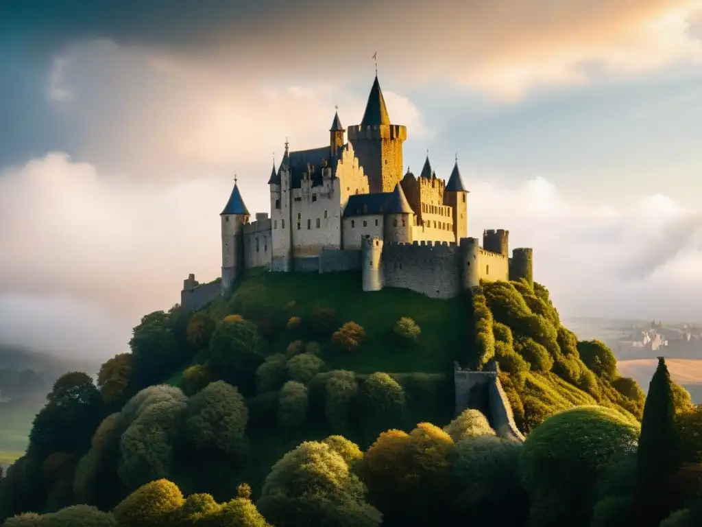 La majestuosidad de un castillo medieval con detalles en musgo, torres imponentes y un cielo dramático
