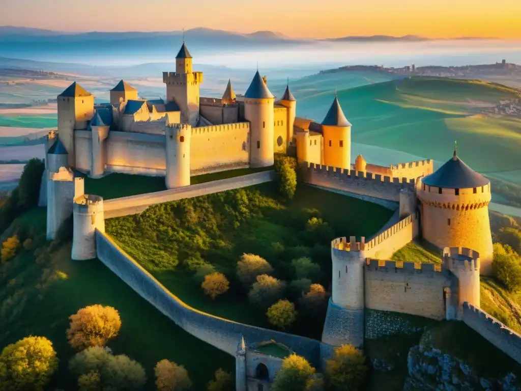 Castillo de Olite al atardecer: arquitectura medieval en Navarra La majestuosidad del Castillo de Olite al atardecer, resaltando su arquitectura medieval