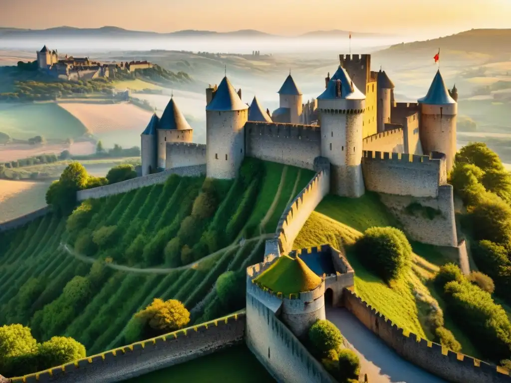 Majestuosas murallas de Carcassonne al atardecer Explora la majestuosidad de los castillos antiguos visitar mundo en Carcasona, Francia, bajo un vibrante atardecer