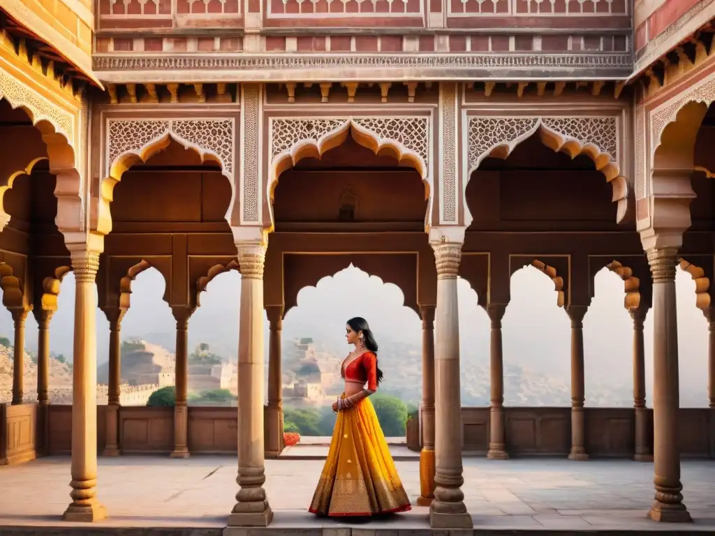 La majestuosidad del Fuerte de Ámbar en la India al atardecer, reflejándose en el lago Maota