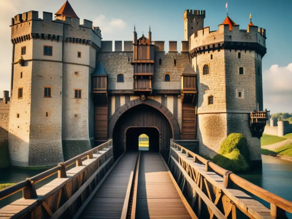 La majestuosidad de un puente levadizo medieval en un castillo con fosas, rodeado de murallas de piedra y guardias armados