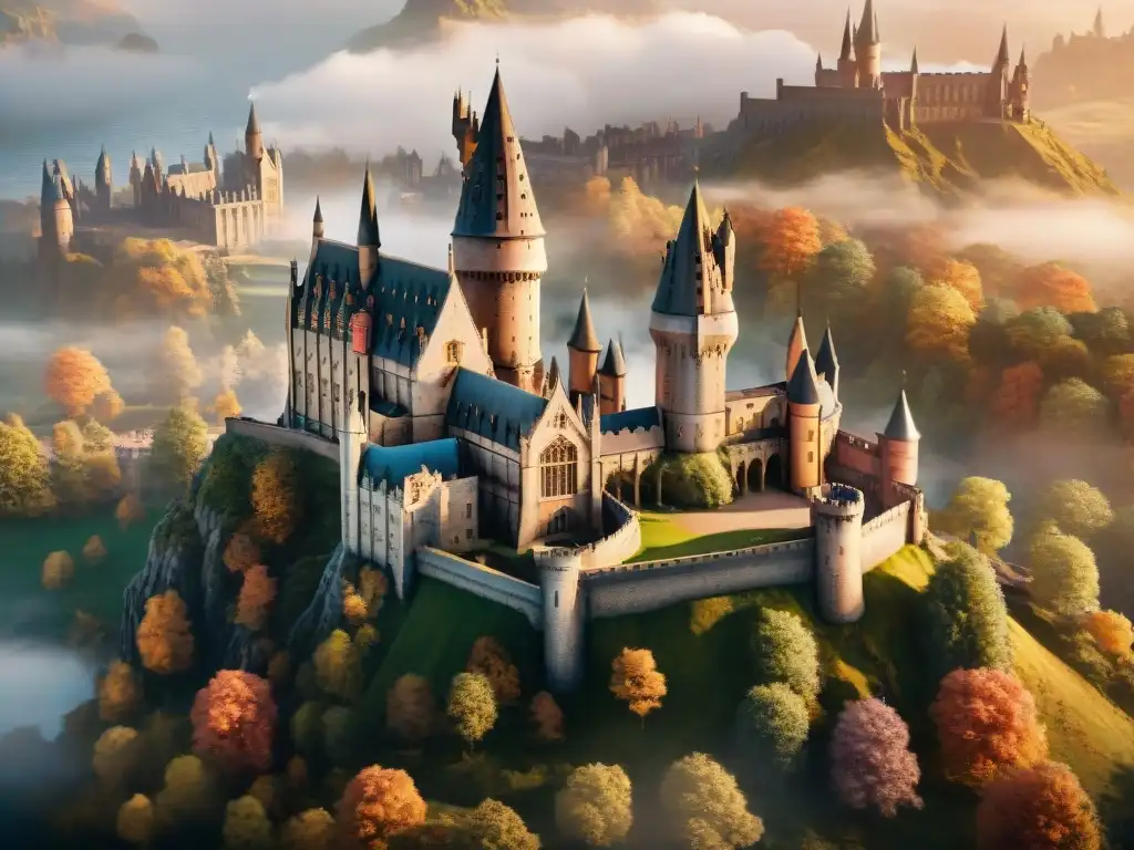 Un majestuoso castillo de Hogwarts al atardecer, con torres imponentes y estudiantes paseando por los jardines