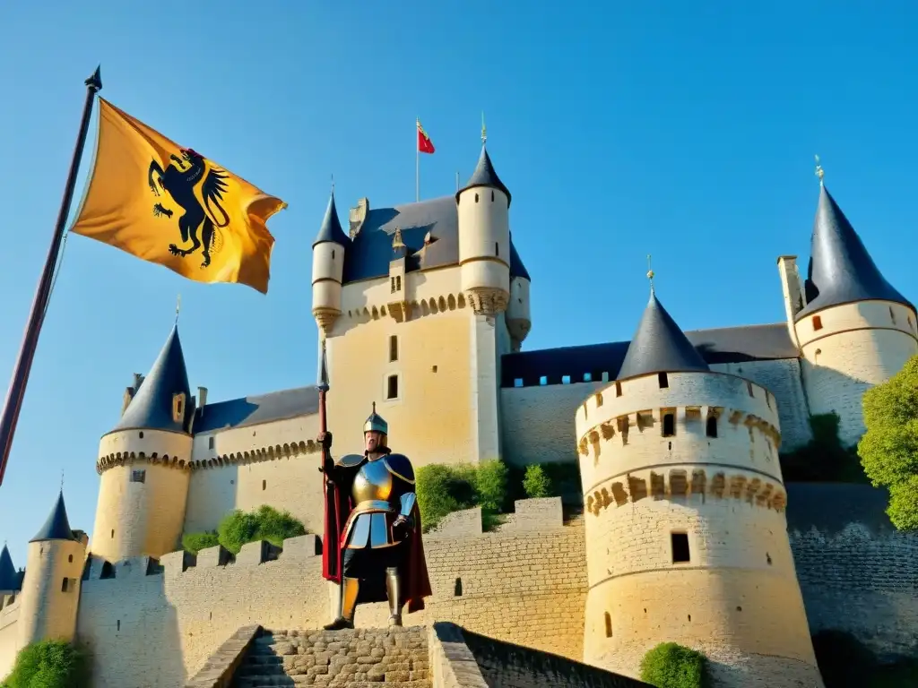 Juana de Arco frente al Castillo de Chinon: Valor y Historia en una Imagen Juana de Arco contempla el majestuoso Castillo de Chinon bajo el cielo azul, evocando valor y historia