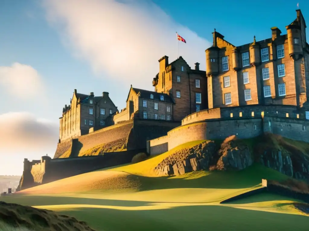 Detalles de la fachada restaurada del Castillo de Edimburgo al atardecer Restauración majestuoso Castillo Edimburgo: Detalles de la fachada del castillo al atardecer, resaltando su historia y belleza