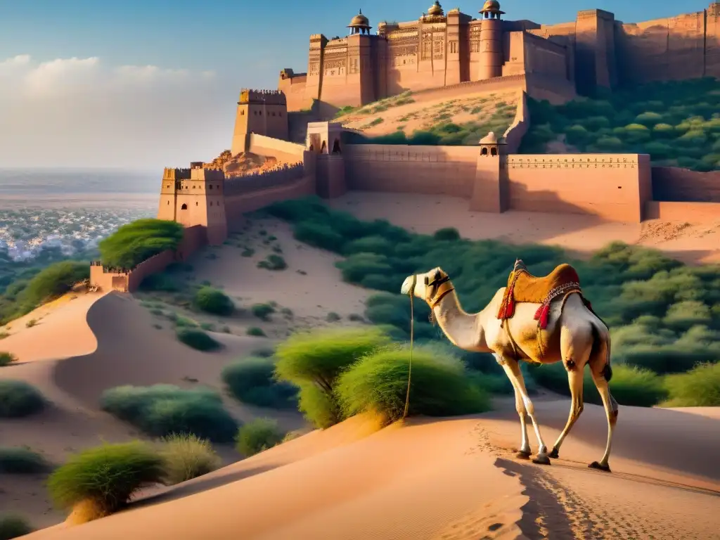 Un majestuoso castillo enigmático en Asia emerge sobre el desierto dorado, resaltando su arquitectura detallada