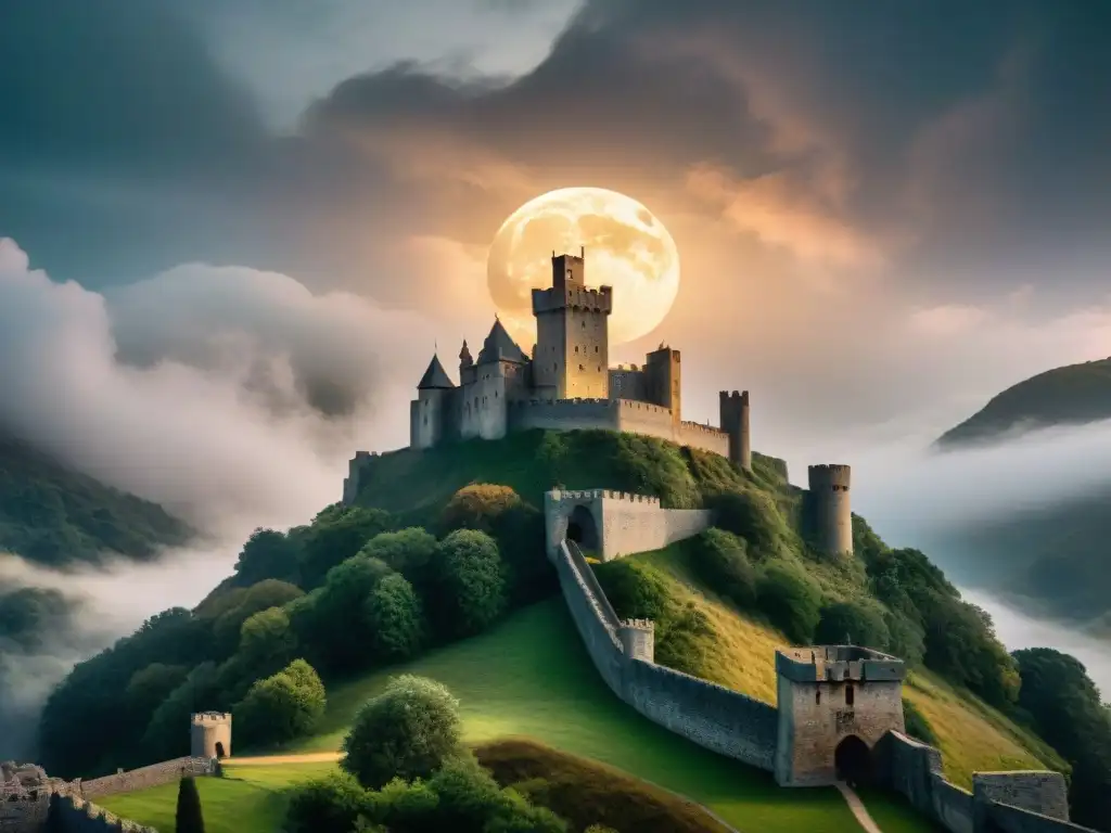 Rituales en castillo antiguo: misterio bajo la luna llena Majestuoso castillo de piedra envuelto en niebla, rodeado de figuras misteriosas en capuchas realizando ritual bajo la luna llena