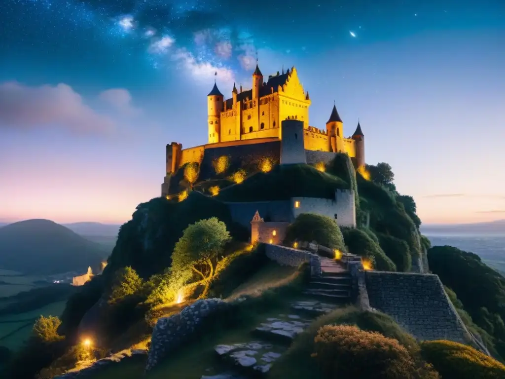 Castillo ancestral: portal entre mundos con símbolos alquímicos y estrellas Majestuoso castillo esotérico en el acantilado, rodeado de símbolos alquímicos y estrellas, portal entre mundos