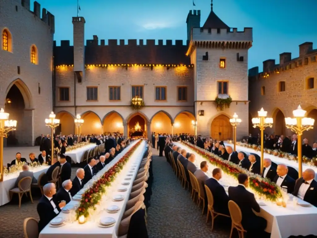 Espléndido evento corporativo en el patio de un castillo medieval Un majestuoso castillo para eventos corporativos con decoración elegante y ambiente mágico bajo luces de hadas y antorchas