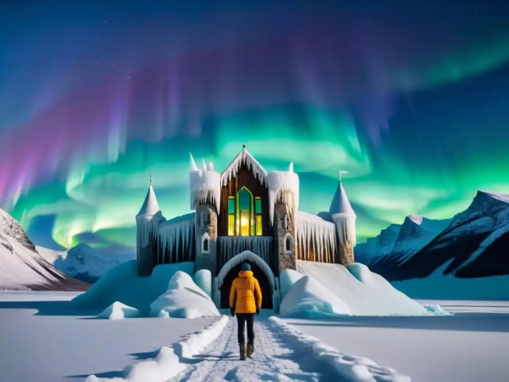 Castillo de hielo bajo la aurora boreal Un majestuoso castillo de hielo bajo la aurora boreal y las estrellas, evocando la magia de los Castillos de Hielo en la Literatura Nórdica