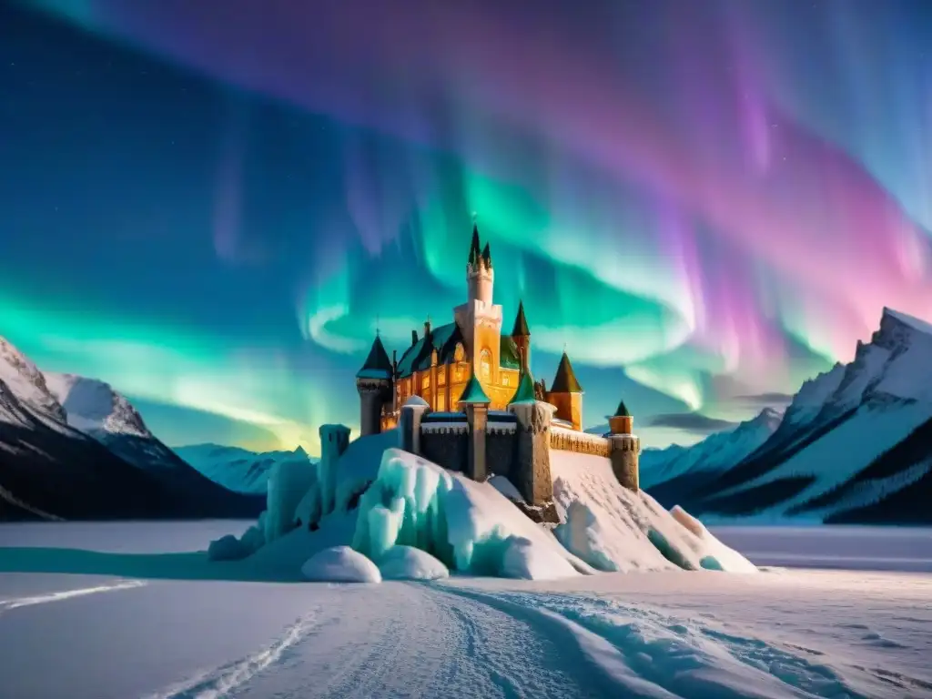 Castillo de hielo: majestuosidad entre luces del norte Un majestuoso castillo de hielo en un paisaje invernal bajo la aurora boreal