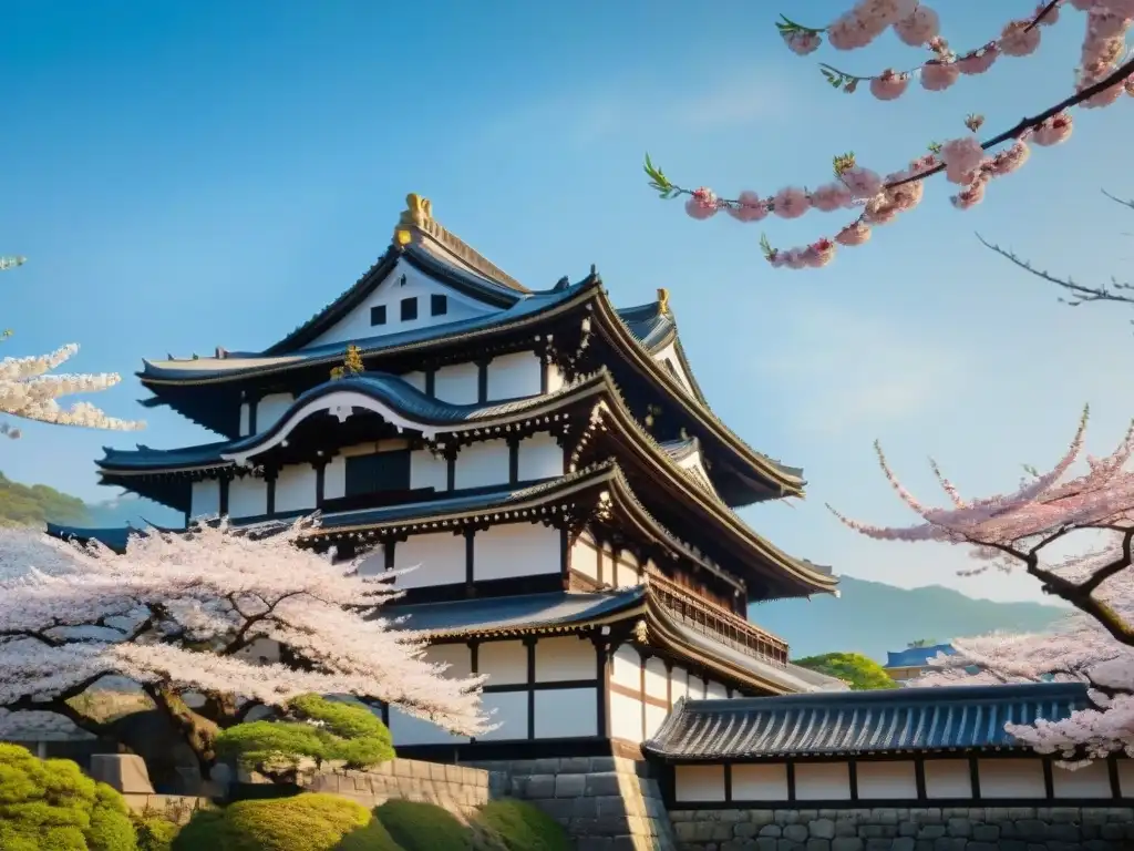 Himeji Castle: Esplendor entre cerezos en flor Majestuoso Castillo de Himeji en Japón rodeado de flores de cerezo, uno de los castillos más impresionantes de Asia