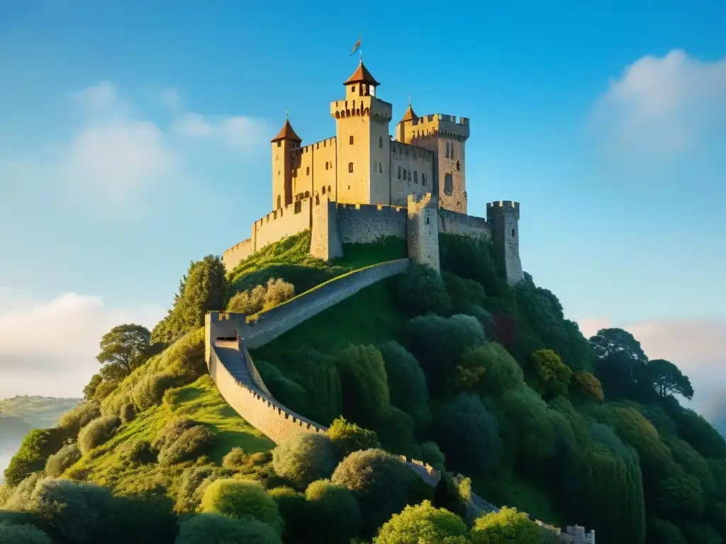 Un majestuoso castillo histórico rodeado de naturaleza, con detalles arquitectónicos centenarios