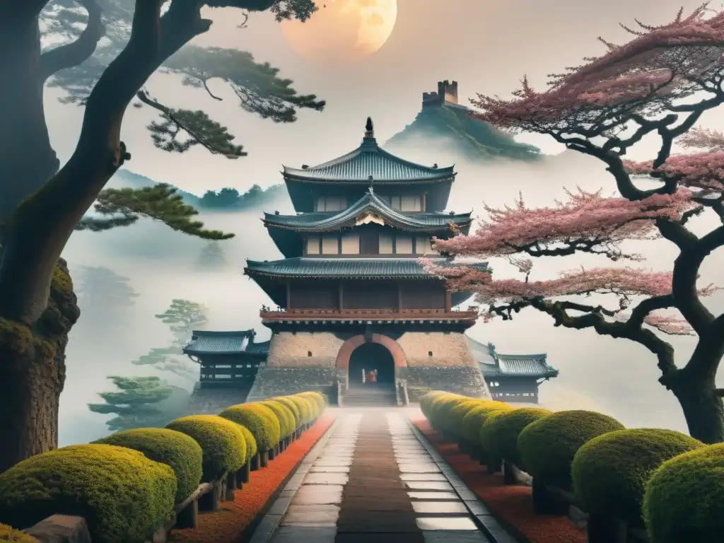 Misterioso castillo japonés: samuráis y espíritus ancestrales Majestuoso castillo japonés envuelto en niebla, con árboles de cerezo centenarios y espíritus vengativos entre la neblina